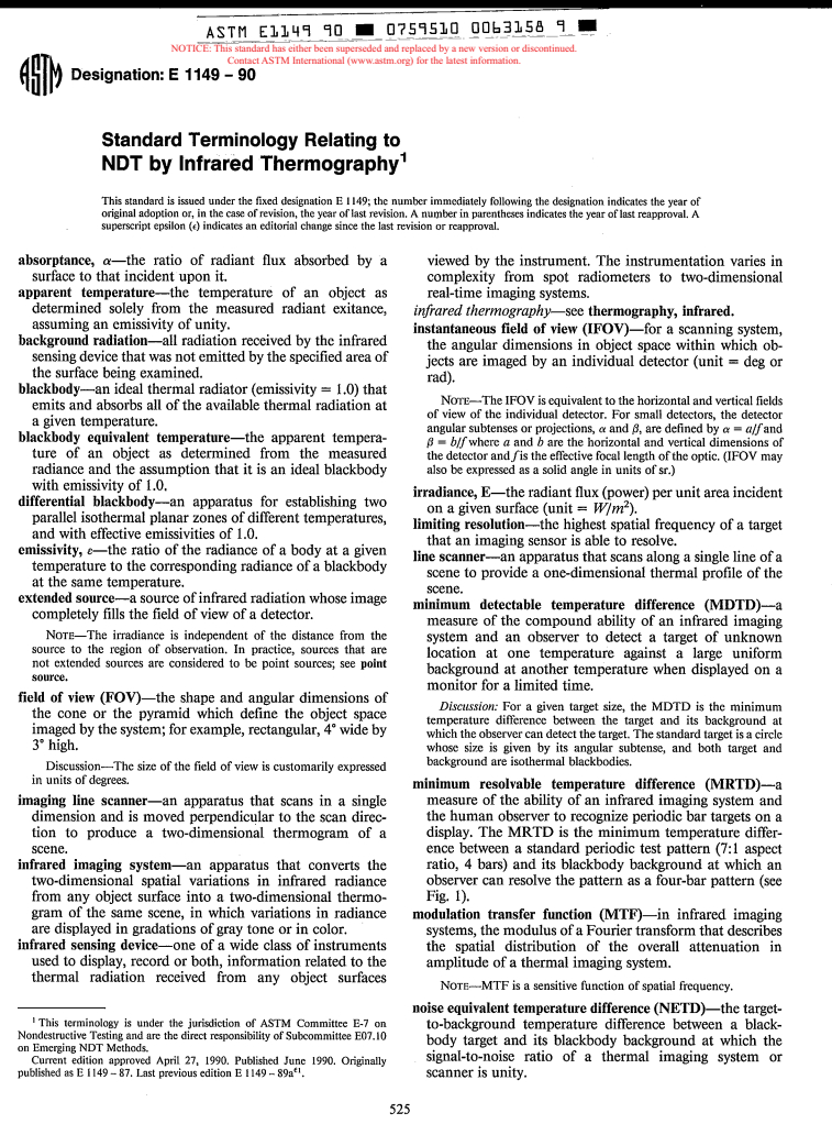 ASTM E1149-90 - Definitions of Terms Relating to NDT by Infrared Thermography (Withdrawn 1991)