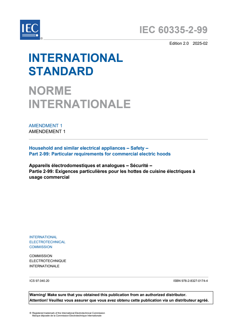 IEC 60335-2-99:2021/AMD1:2025 - Amendment 1 - Household and similar electrical appliances - Safety - Part 2-99: Particular requirements for commercial electric hoods
Released:10. 02. 2025
Isbn:9782832701744