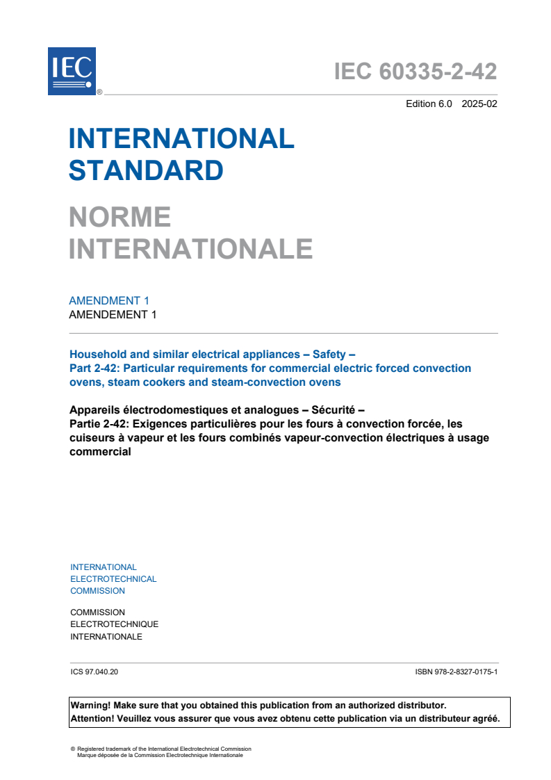 IEC 60335-2-42:2021/AMD1:2025 - Amendment 1 - Household and similar electrical appliances - Safety - Part 2-42: Particular requirements for commercial electric forced convection ovens, steam cookers and steam-convection ovens
Released:10. 02. 2025
Isbn:9782832701751