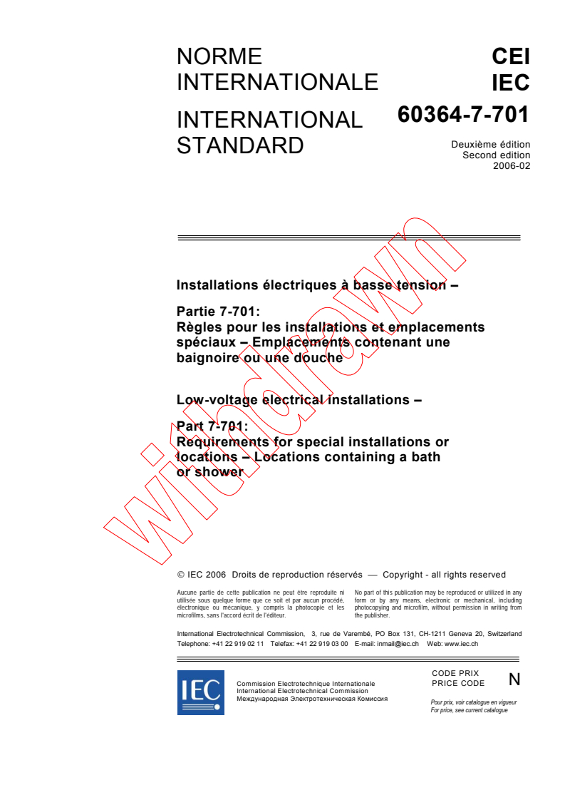 IEC 60364-7-701:2006 - Low-voltage electrical installations - Part 7-701: Requirements for special installations or locations - Locations containing a bath or shower
Released:2/13/2006
Isbn:2831884691