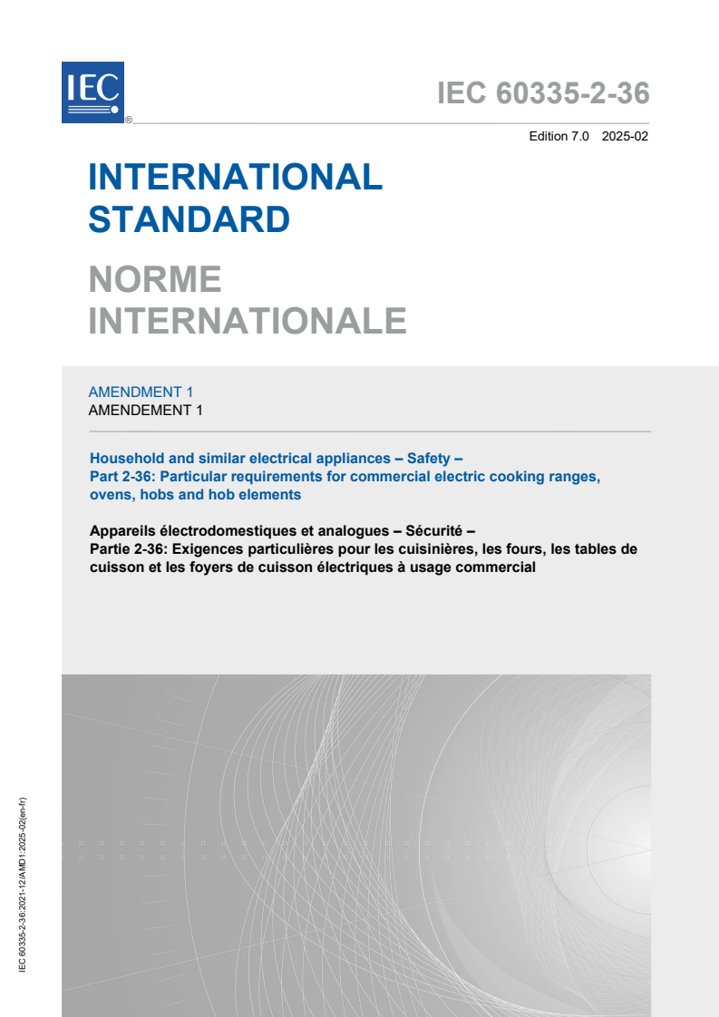 IEC 60335-2-36:2021/AMD1:2025 - Amendment 1 - Household and similar electrical appliances - Safety - Part 2-36: Particular requirements for commercial electric cooking ranges, ovens, hobs and hob elements
Released:10. 02. 2025
Isbn:9782832701706