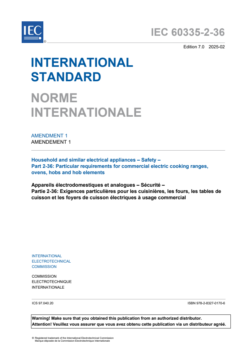 IEC 60335-2-36:2021/AMD1:2025 - Amendment 1 - Household and similar electrical appliances - Safety - Part 2-36: Particular requirements for commercial electric cooking ranges, ovens, hobs and hob elements
Released:10. 02. 2025
Isbn:9782832701706