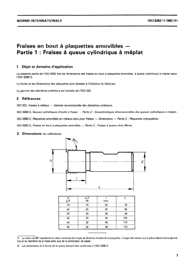 ISO 6262-1:1982 - Fraises en bout a plaquettes amovibles