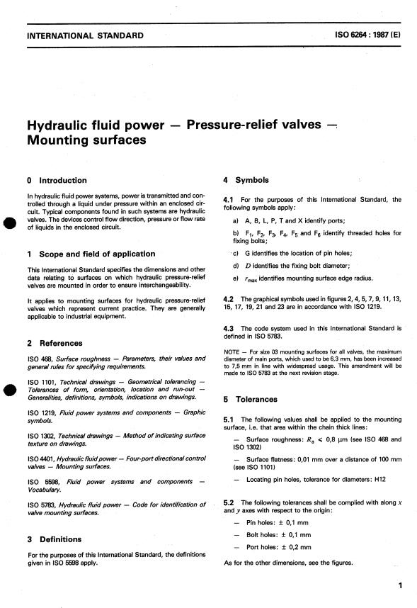 ISO 6264:1987 - Hydraulic fluid power -- Pressure-relief valves -- Mounting surfaces