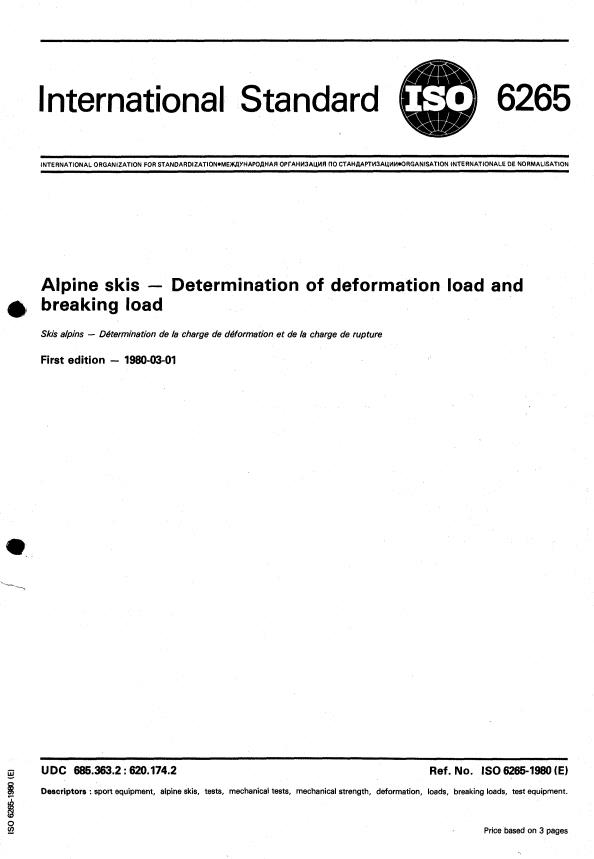 ISO 6265:1980 - Alpine skis -- Determination of deformation load and breaking load