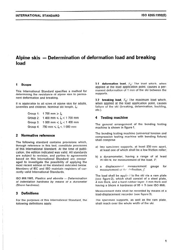 ISO 6265:1992 - Alpine skis -- Determination of deformation load and breaking load