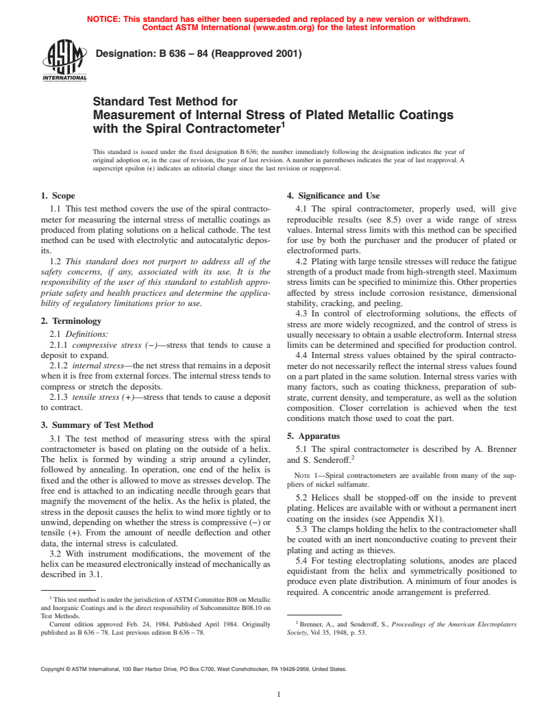 ASTM B636-84(2001) - Standard Test Method for Measurement of Internal Stress of Plated Metallic Coatings with the Spiral Contractometer