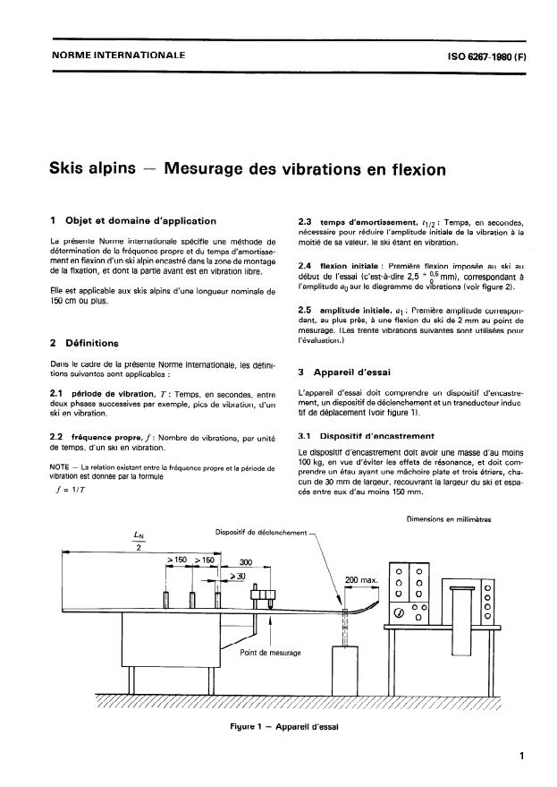 ISO 6267:1980 - Skis alpins -- Mesurage des vibrations en flexion