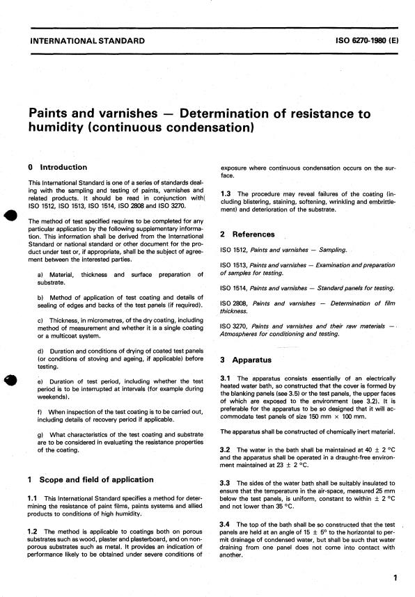 ISO 6270:1980 - Paints and varnishes -- Determination of resistance to humidity (continuous condensation)