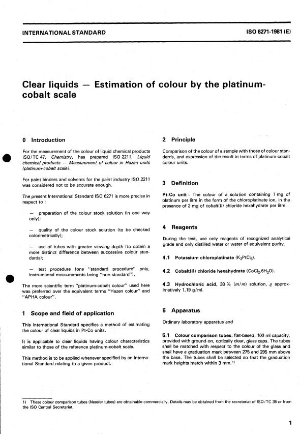 ISO 6271:1981 - Clear liquids -- Estimation of colour by the platinum-cobalt scale