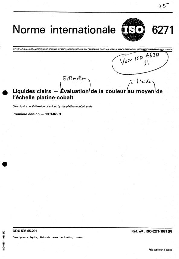 ISO 6271:1981 - Liquides clairs -- Évaluation de la couleur au moyen de l'échelle platine-cobalt