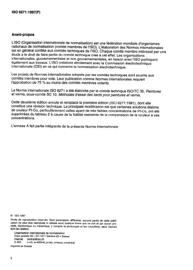 ISO 6271:1997 ISO 6271:1997 - Liquides clairs -- Évaluation de la couleur au moyen de l'échelle platine-cobalt - Page 2 preview
