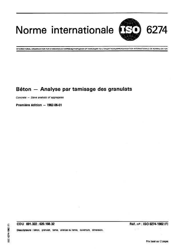 ISO 6274:1982 - Béton -- Analyse par tamisage des granulats