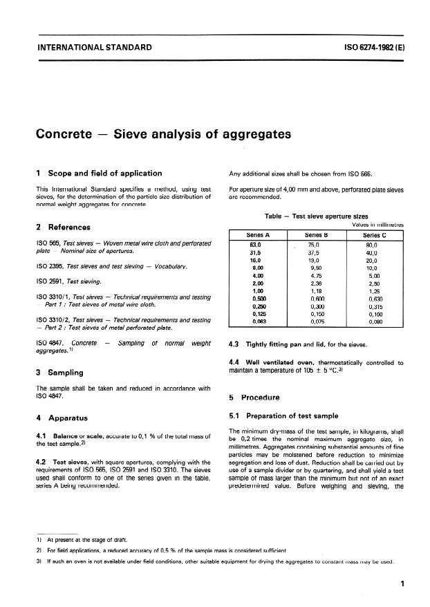 ISO 6274:1982 - Concrete -- Sieve analysis of aggregates
