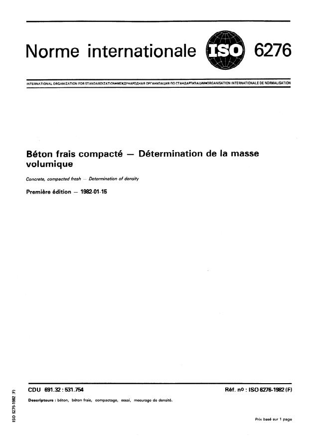 ISO 6276:1982 - Béton frais compacté -- Détermination de la masse volumique