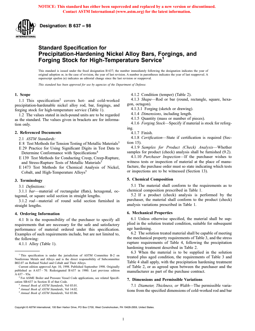 ASTM B637-98 - Standard Specification for Precipitation-Hardening Nickel Alloy Bars, Forgings, and Forging Stock for High-Temperature Service