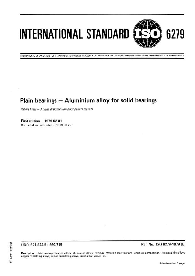 ISO 6279:1979 - Plain bearings -- Aluminium alloy for solid bearings