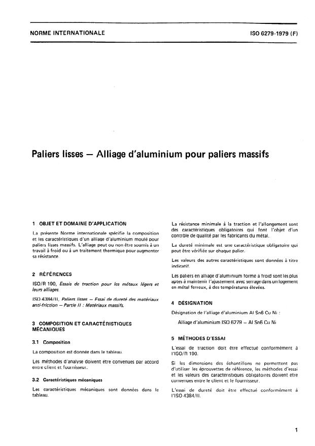 ISO 6279:1979 - Paliers lisses -- Alliage d'aluminium pour paliers massifs