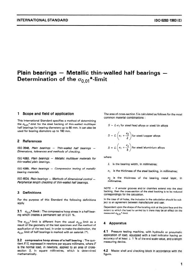 ISO 6282:1983 - Plain bearings -- Metallic thin-walled half bearings -- Determination of the sigma 0,01*-limit