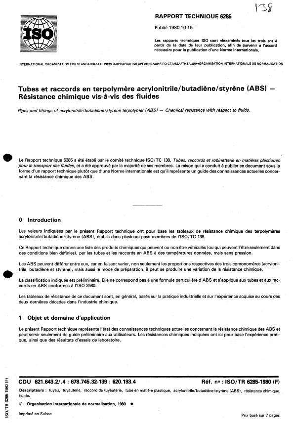 ISO/TR 6285:1980 - Tubes et raccords en terpolymere acrylonitrile/ butadiene/styrene (ABS) -- Résistance chimique vis-a-vis des fluides