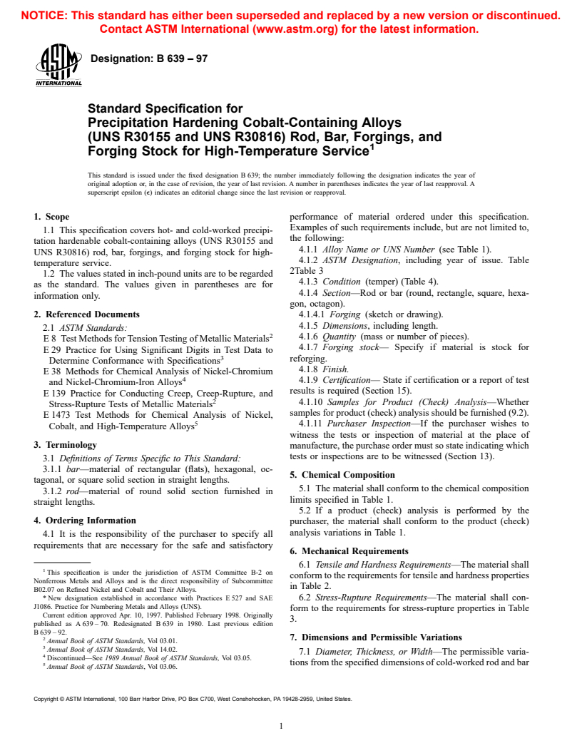 ASTM B639-97 - Standard Specification for Precipitation Hardening Cobalt-Containing Alloys (UNSR30155 and UNS R30816) Rod, Bar, Forgings, and Forging Stock for High-Temperature Service