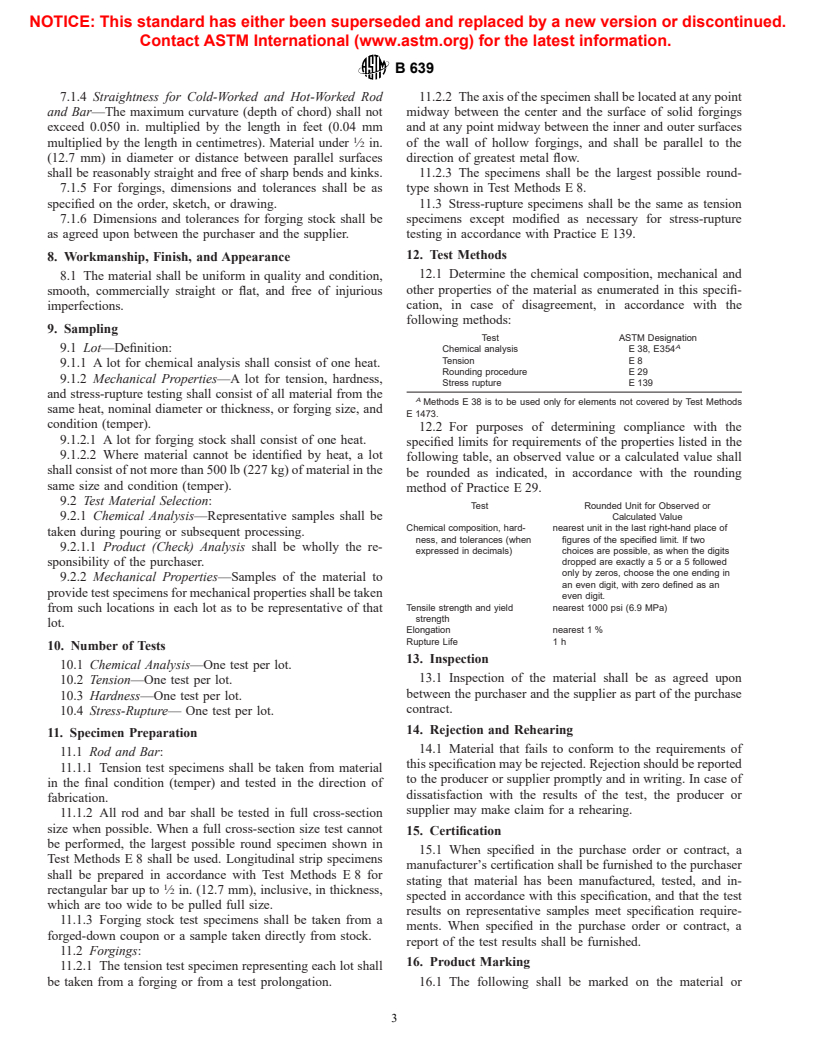 ASTM B639-97 - Standard Specification for Precipitation Hardening Cobalt-Containing Alloys (UNSR30155 and UNS R30816) Rod, Bar, Forgings, and Forging Stock for High-Temperature Service