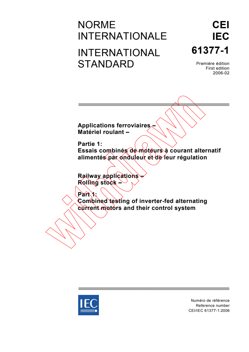 IEC 61377-1:2006 - Railway applications - Rolling stock - Part 1: Combined testing of inverter-fed alternating current motors and their control system
Released:2/21/2006
Isbn:2831885221