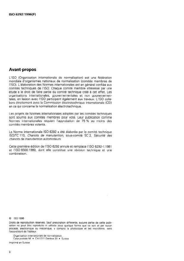 ISO 6292:1996 ISO 6292:1996 - Chariots de manutention et tracteurs industriels automoteurs -- Capacité de freinage et résistance des éléments de frein - Page 2 preview