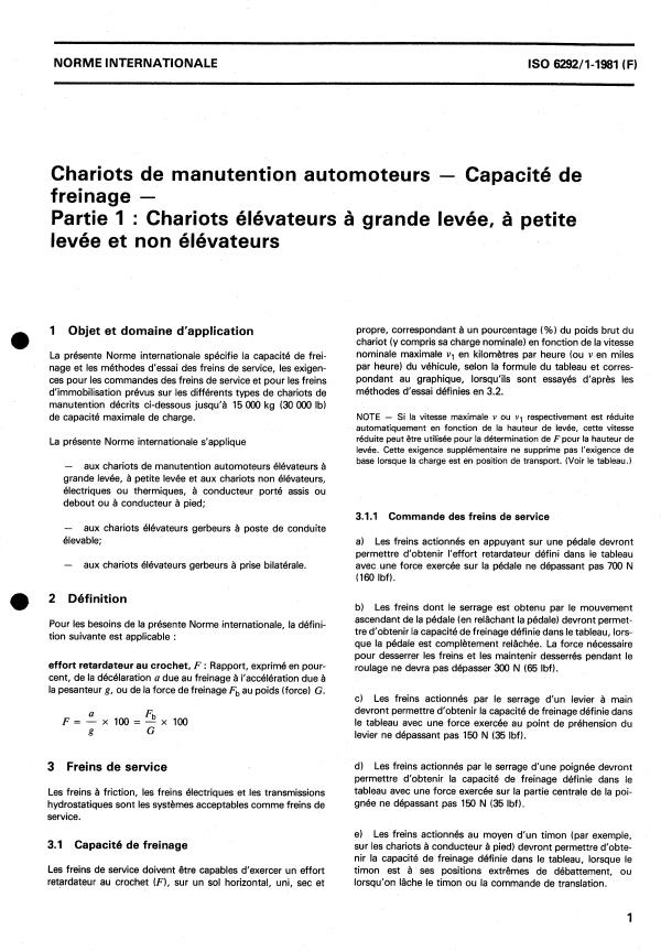 ISO 6292-1:1981 - Chariots de manutention automoteurs -- Capacité de freinage