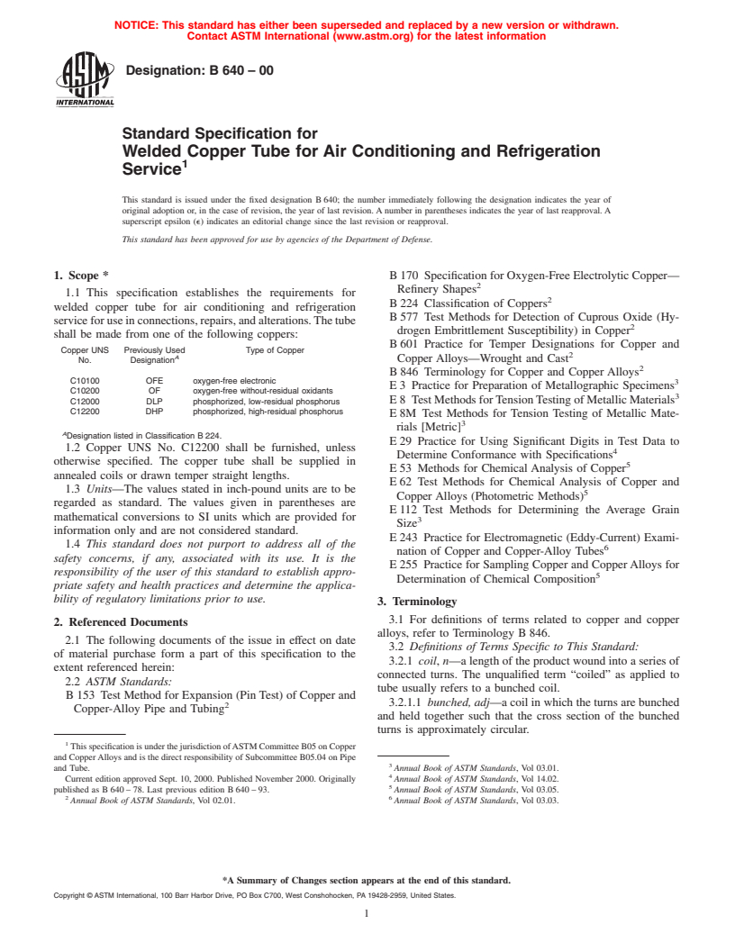 ASTM B640-00 - Standard Specification for Welded Copper Tube for Air Conditioning and Refrigeration Service