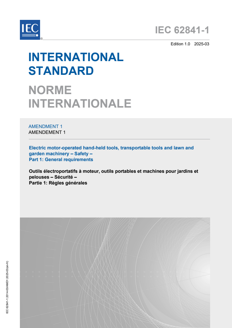 IEC 62841-1:2014/AMD1:2025 - Amendment 1 - Electric motor-operated hand-held tools, transportable tools and lawn and garden machinery - Safety - Part 1: General requirements
Released:6. 03. 2025
Isbn:9782832702345