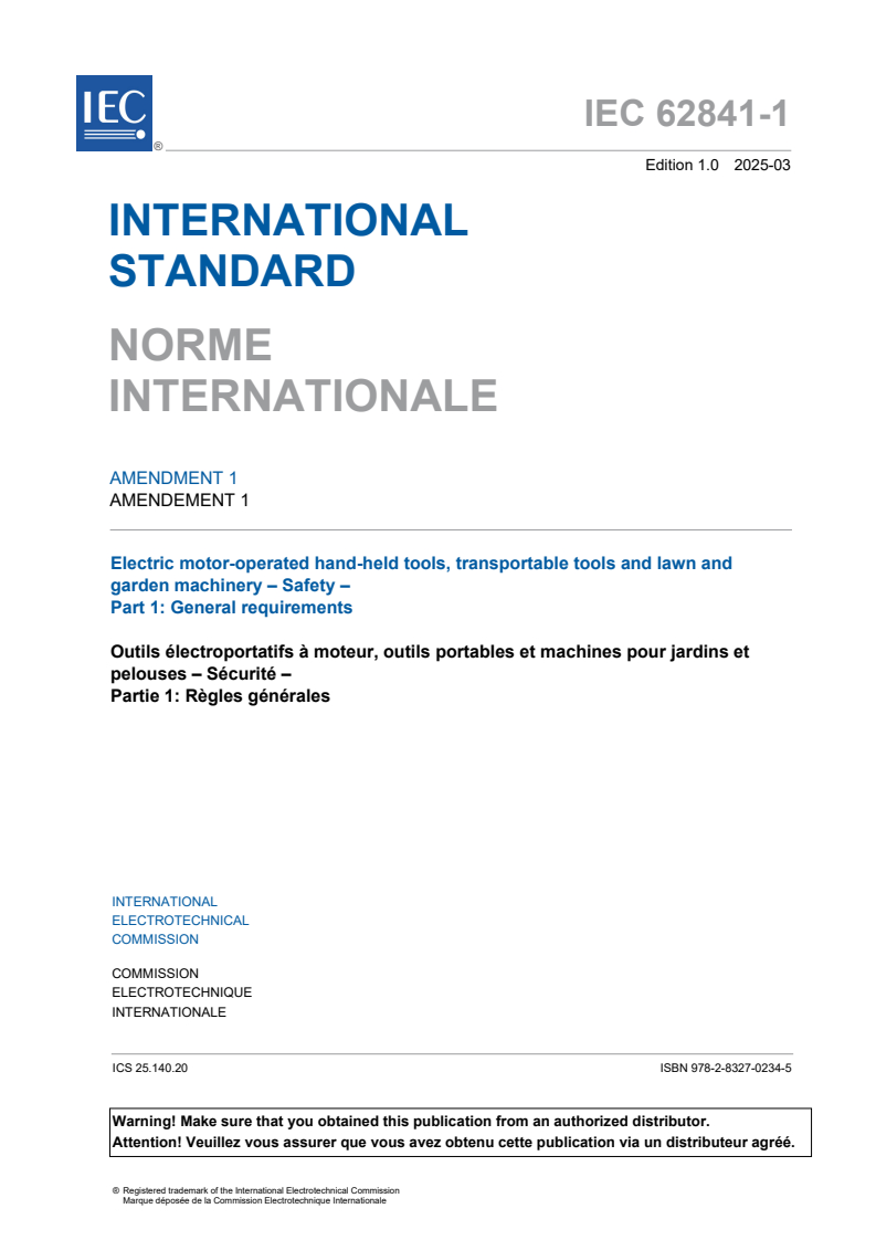 IEC 62841-1:2014/AMD1:2025 - Amendment 1 - Electric motor-operated hand-held tools, transportable tools and lawn and garden machinery - Safety - Part 1: General requirements
Released:6. 03. 2025
Isbn:9782832702345