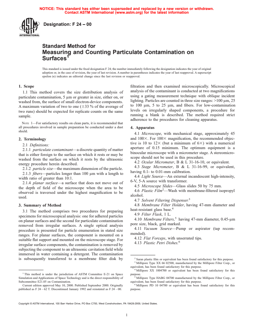 ASTM F24-00 - Standard Method for Measuring and Counting Particulate Contamination on Surfaces