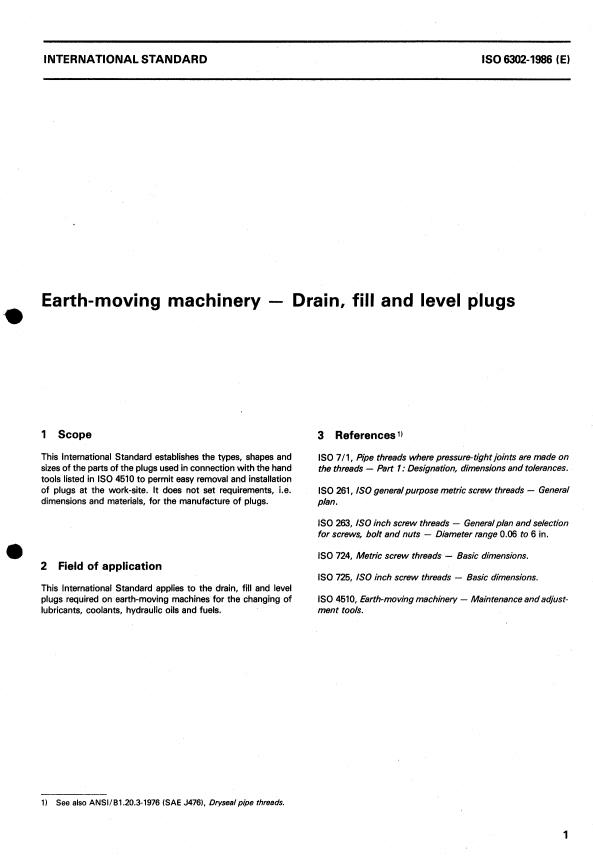 ISO 6302:1986 - Earth-moving machinery -- Drain, fill and level plugs