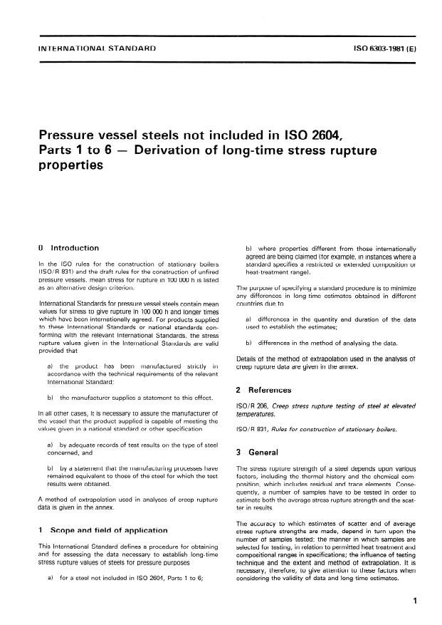 ISO 6303:1981 - Pressure vessel steels not included in ISO 2604, Parts 1 to 6 -- Derivation of long-time stress rupture properties