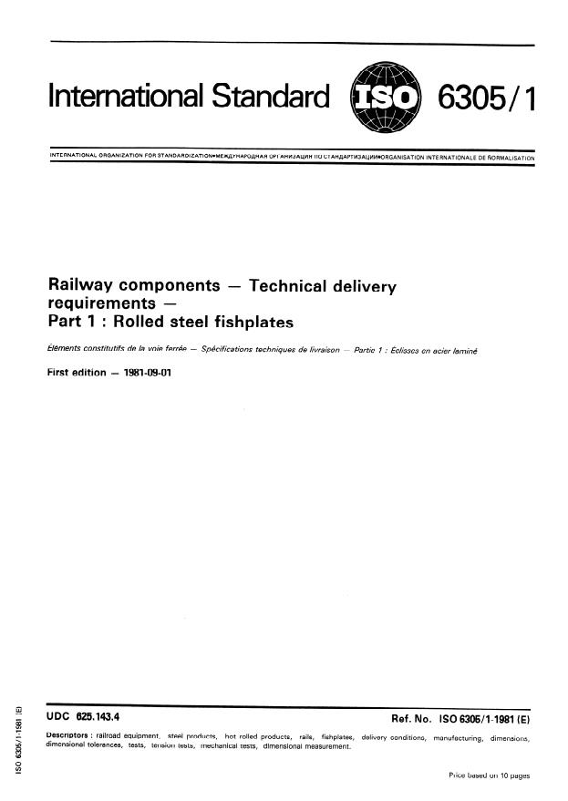 ISO 6305-1:1981 - Railway components -- Technical delivery requirements