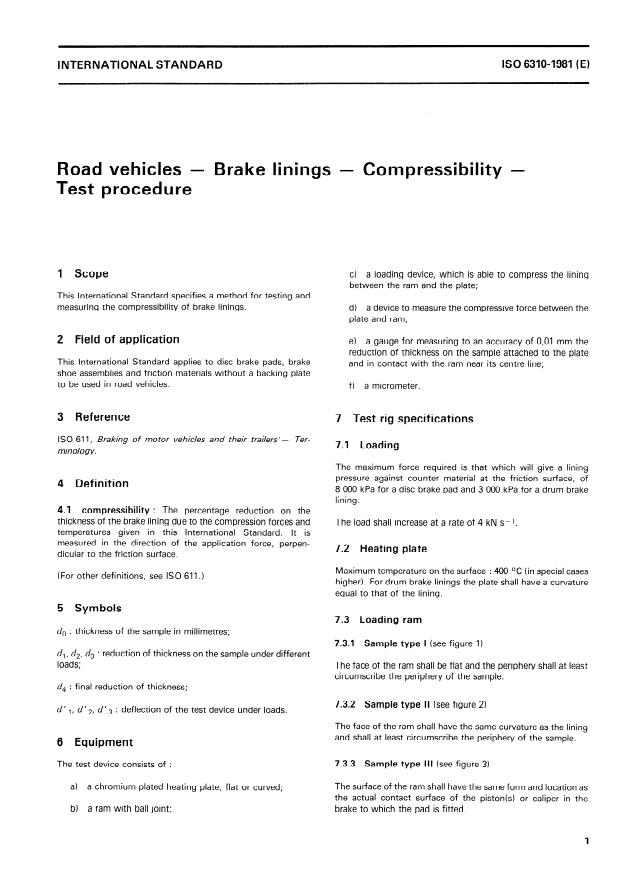 ISO 6310:1981 - Road vehicles -- Brake linings -- Compressibility -- Test procedure