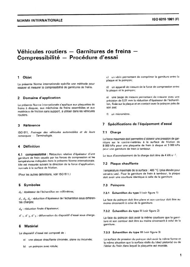 ISO 6310:1981 - Véhicules routiers -- Garnitures de freins -- Compressibilité -- Procédure d'essai