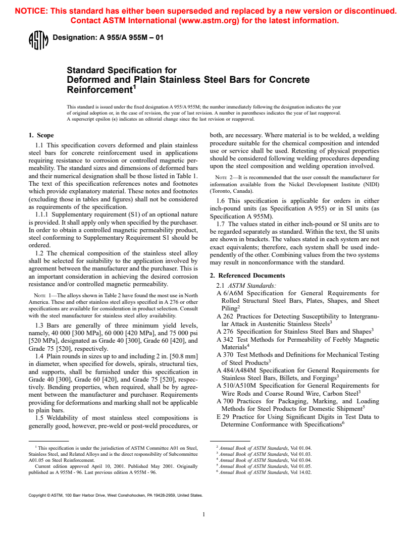 ASTM A955/A955M-01 - Standard Specification for Deformed and Plain Stainless Steel Bars for Concrete Reinforcement