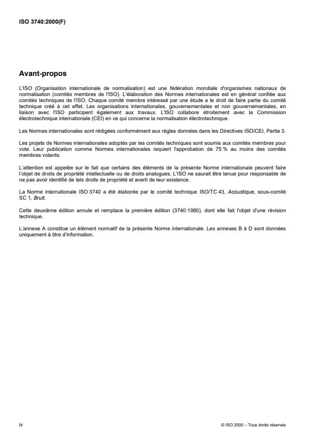 ISO 3740:2000 ISO 3740:2000 - Acoustique -- Détermination des niveaux de puissance acoustique émis par les sources de bruit -- Guide pour l'utilisation des normes de base - Page 4 preview