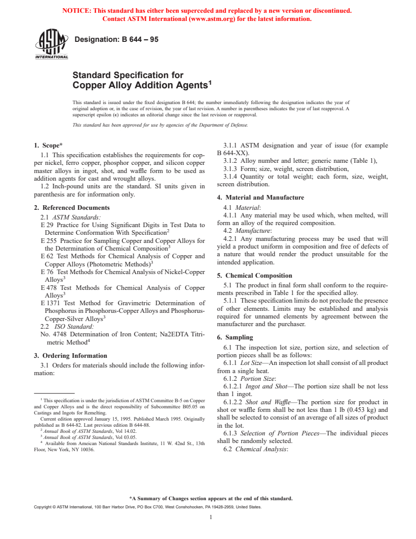 ASTM B644-95 - Standard Specification for Copper Alloy Addition Agents