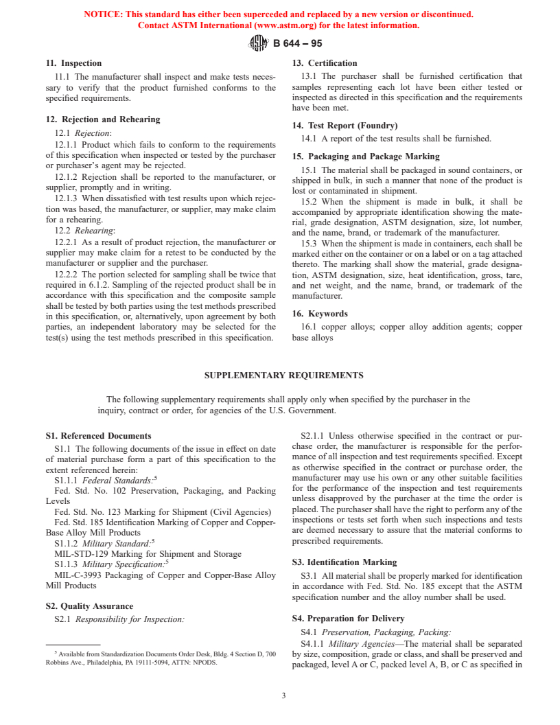 ASTM B644-95 - Standard Specification for Copper Alloy Addition Agents