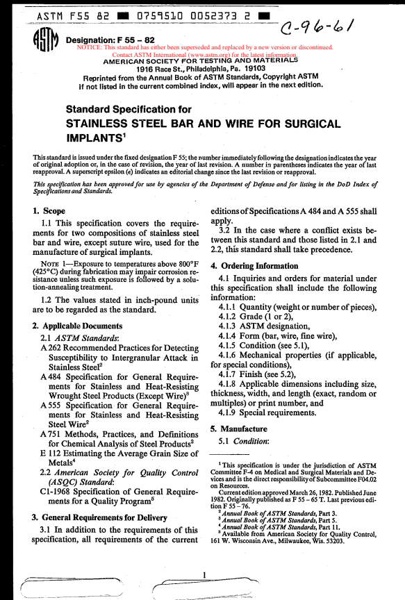 ASTM F55-82 - Specification for Stainless Steel Bar and Wire for Surgical Implants (Withdrawn 1989)