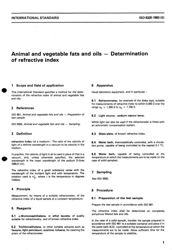 ISO 6320:1983 - Animal and vegetable fats and oils -- Determination of refractive index