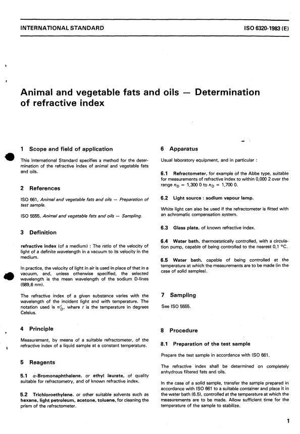 ISO 6320:1985 - Animal and vegetable fats and oils -- Determination of refractive index