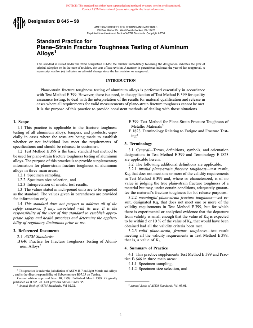 ASTM B645-98 - Standard Practice for Plane-Strain Fracture Toughness Testing of Aluminum Alloys