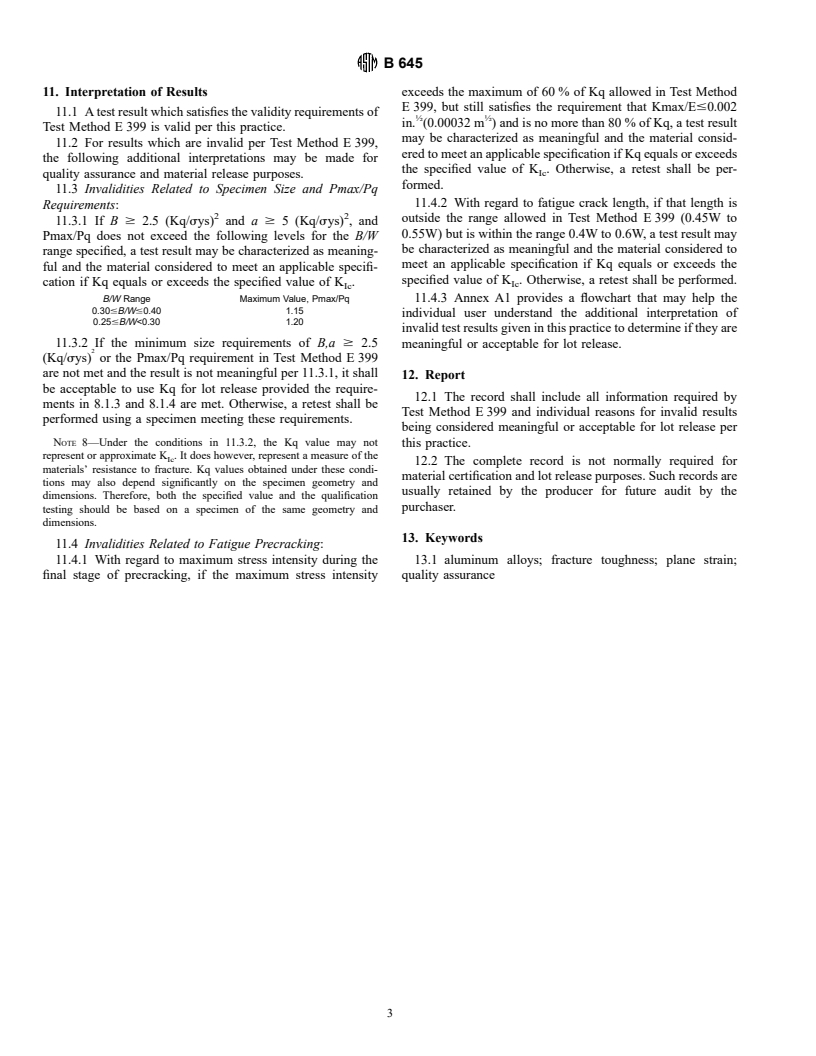 ASTM B645-98 - Standard Practice for Plane-Strain Fracture Toughness Testing of Aluminum Alloys