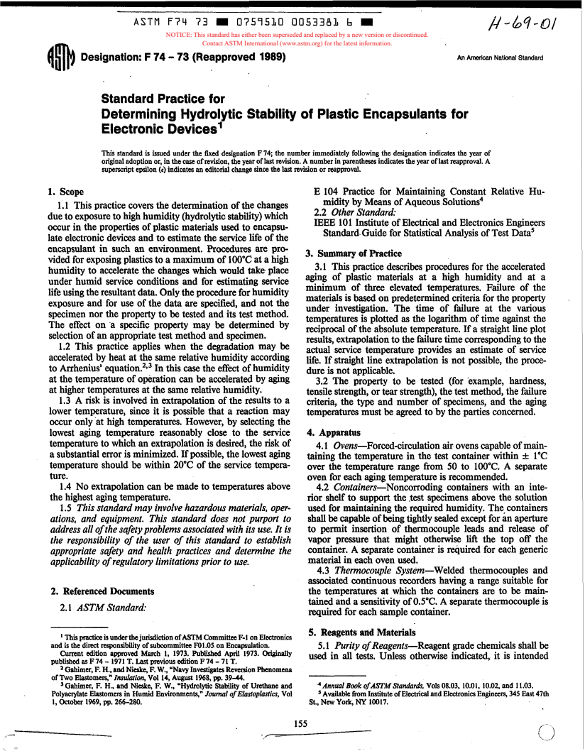 ASTM F74-73(1989) - Practice for Determining Hydrolytic Stability of Plastic Encapsulants for Electronic Devices (Withdrawn 1994)