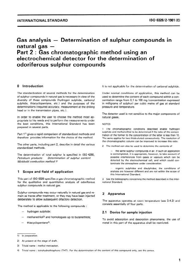 ISO 6326-2:1981 - Gas analysis -- Determination of sulphur compounds in natural gas