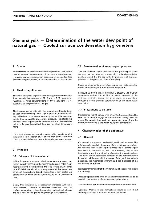ISO 6327:1981 - Gas analysis -- Determination of the water dew point of natural gas -- Cooled surface condensation hygrometers